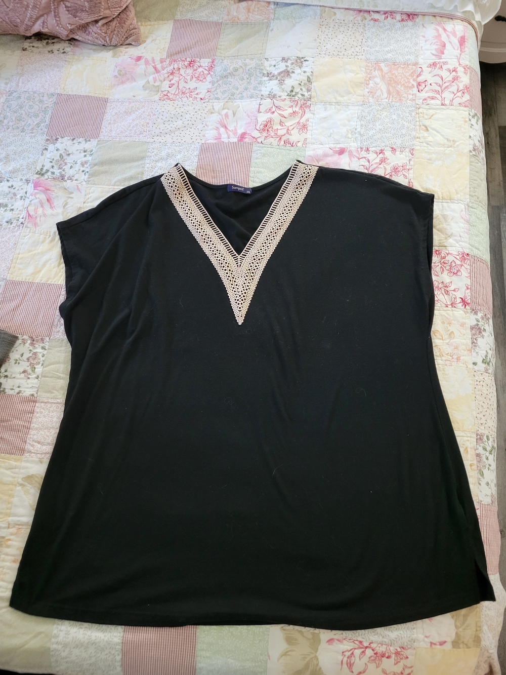 Black V-Neck Tunic with Cream Lace Trim